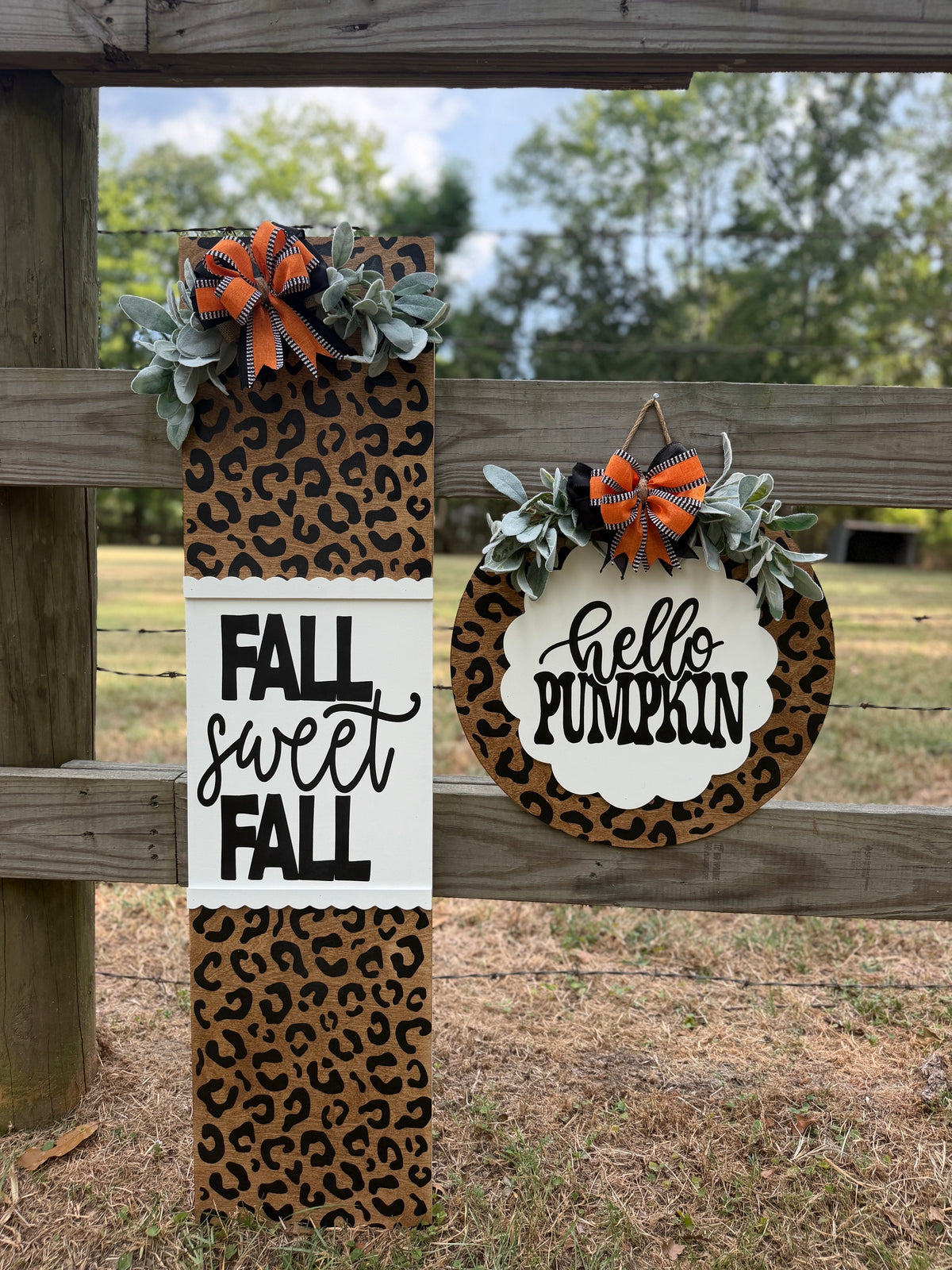 Leopard Print Porch Sign Set — "Fall Sweet Fall" Leaner & "Hello Pumpkin" Door Hanger