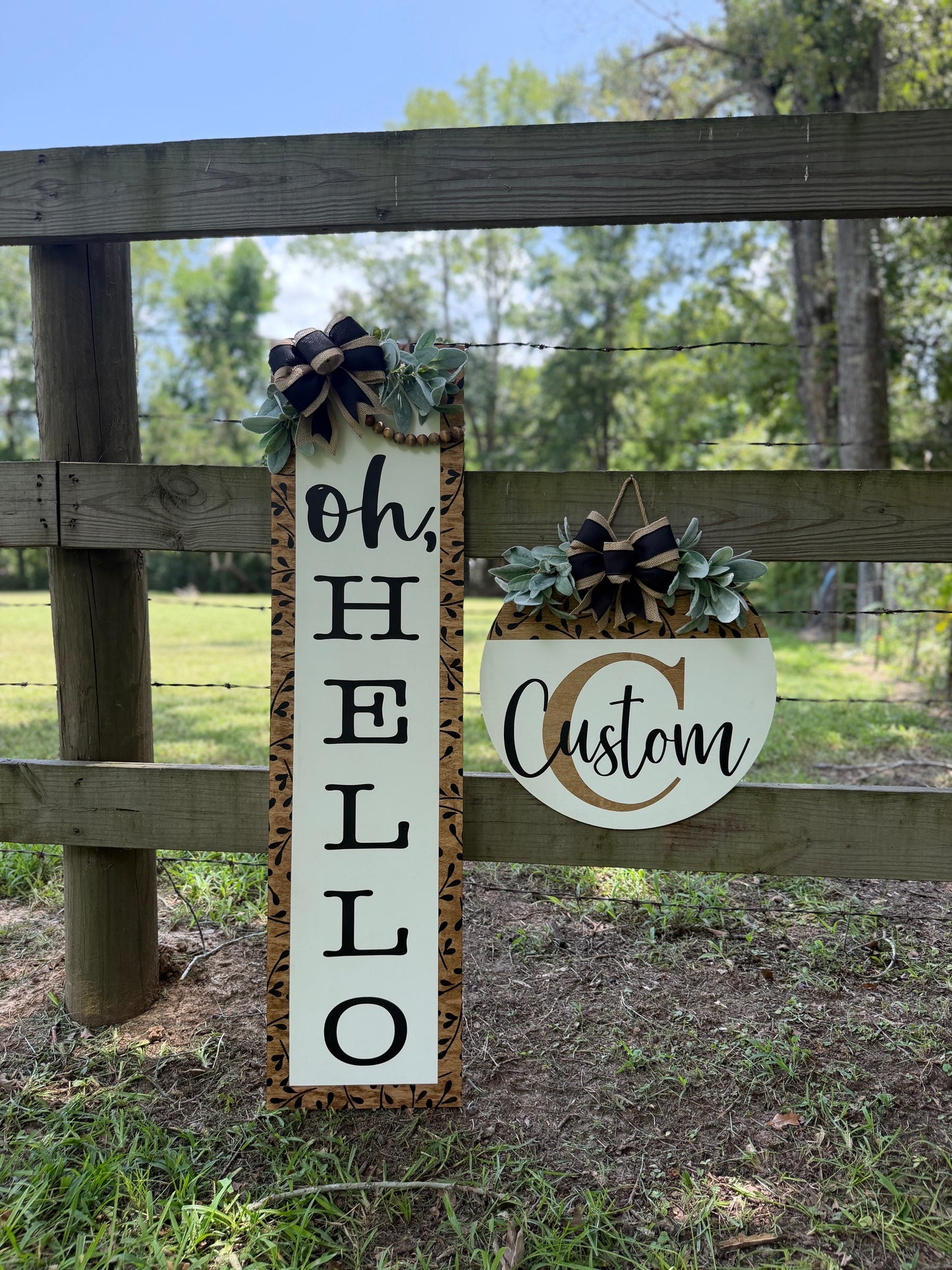 "Oh, Hello" Leaner and Custom Monogram Door Hanger Set