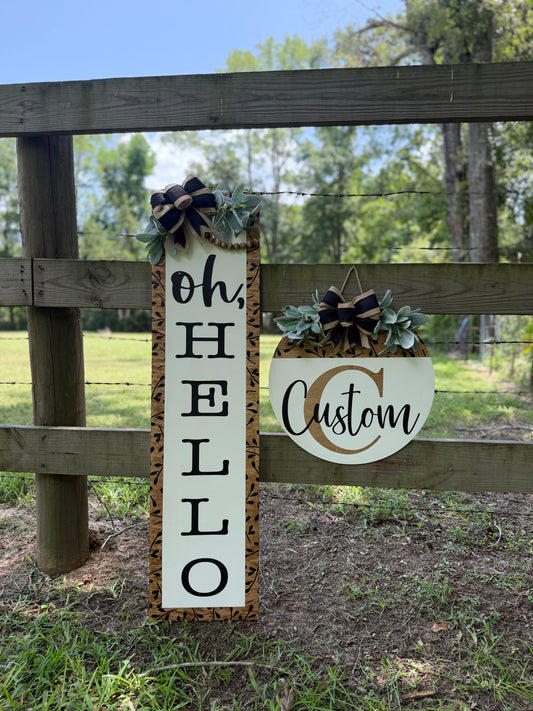 "Oh, Hello" Leaner and Custom Monogram Door Hanger Set
