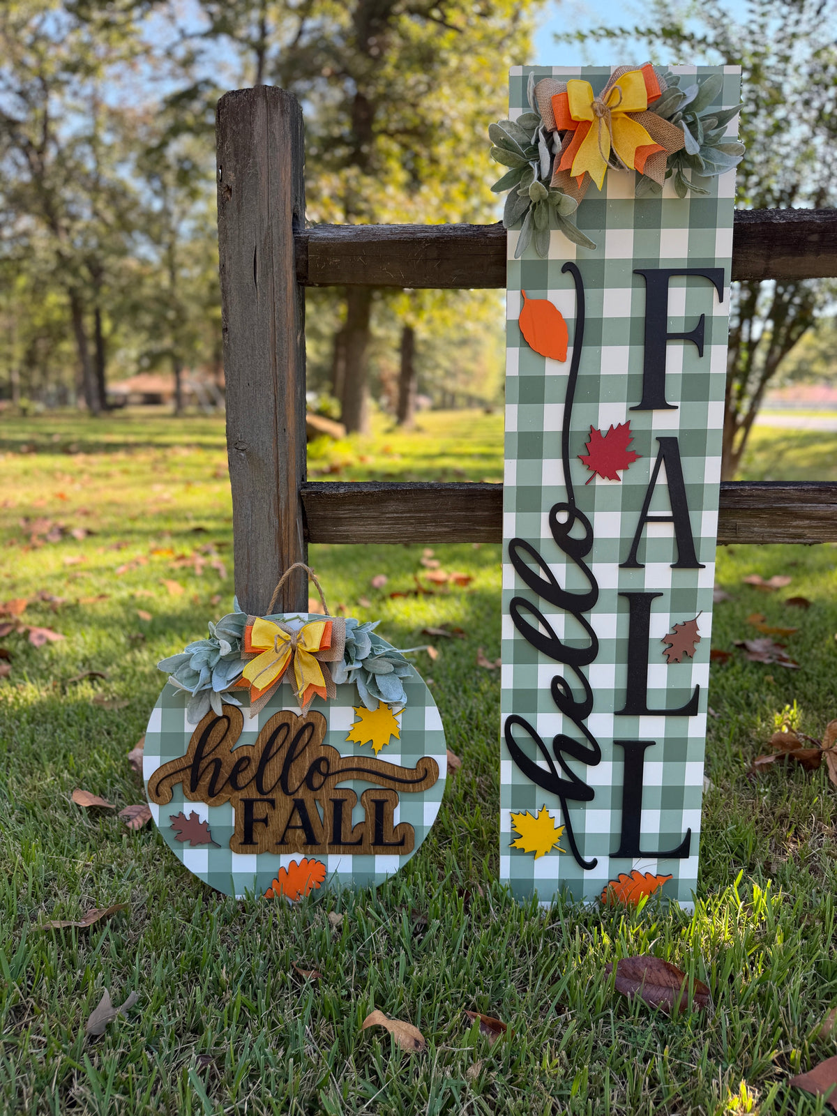 Hello Fall Porch Leaner and Door Hanger Set – Sage Green Check