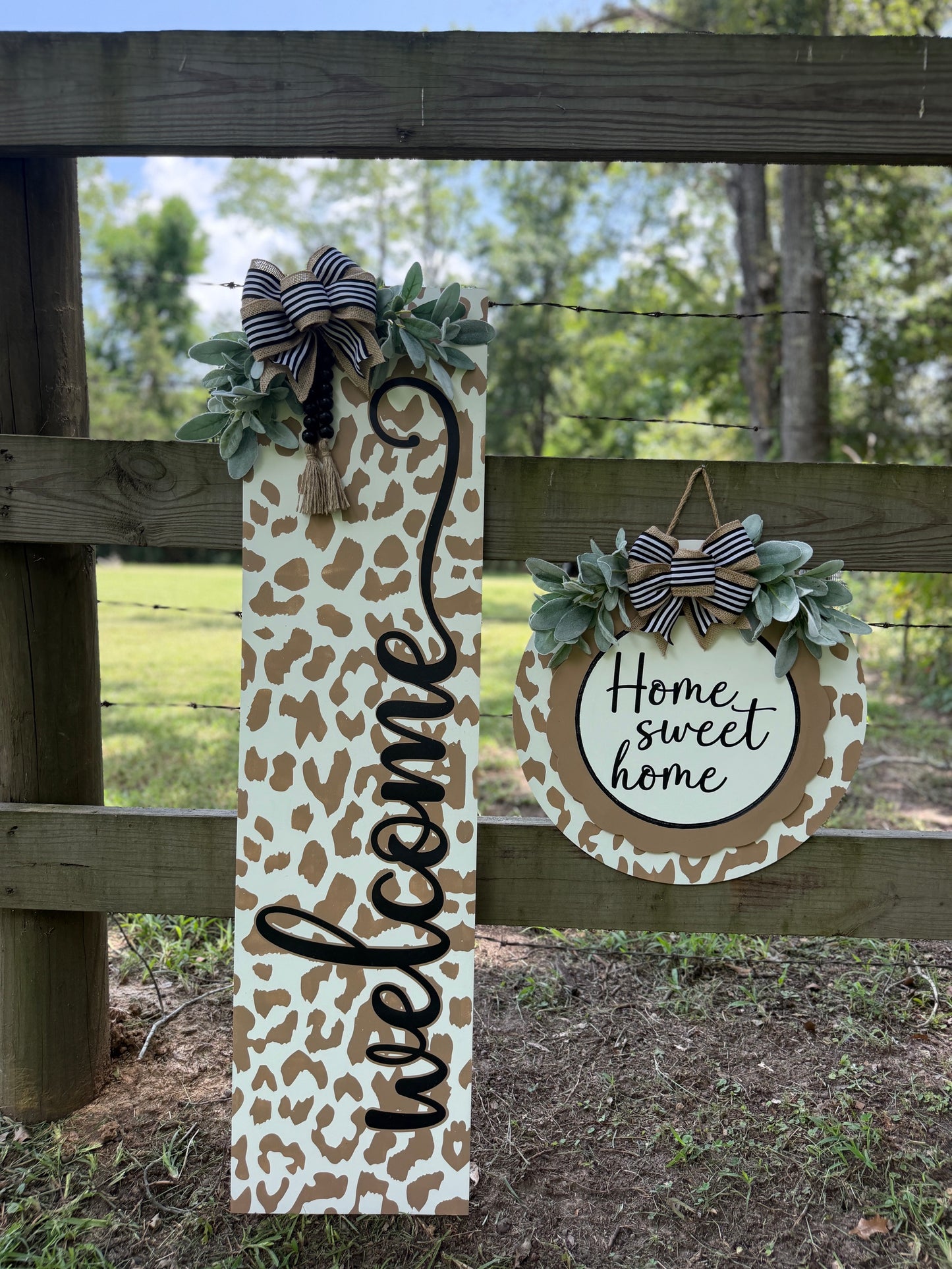 Leopard Print "Welcome" Leaner and "Home Sweet Home" Round Leaner Set