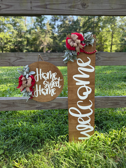 Wood Tone "Welcome" Leaner and "Home Sweet Home" Round Door Hanger Set