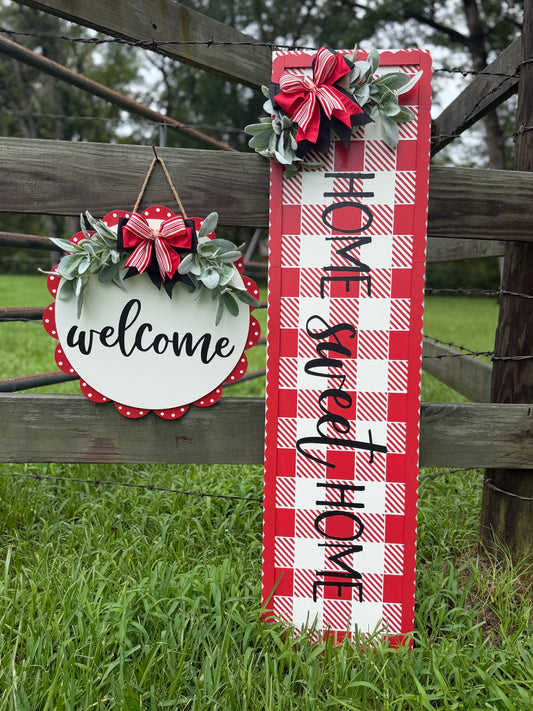 Buffalo Plaid "Home Sweet Home" Leaner and "Welcome" Door Hanger Set
