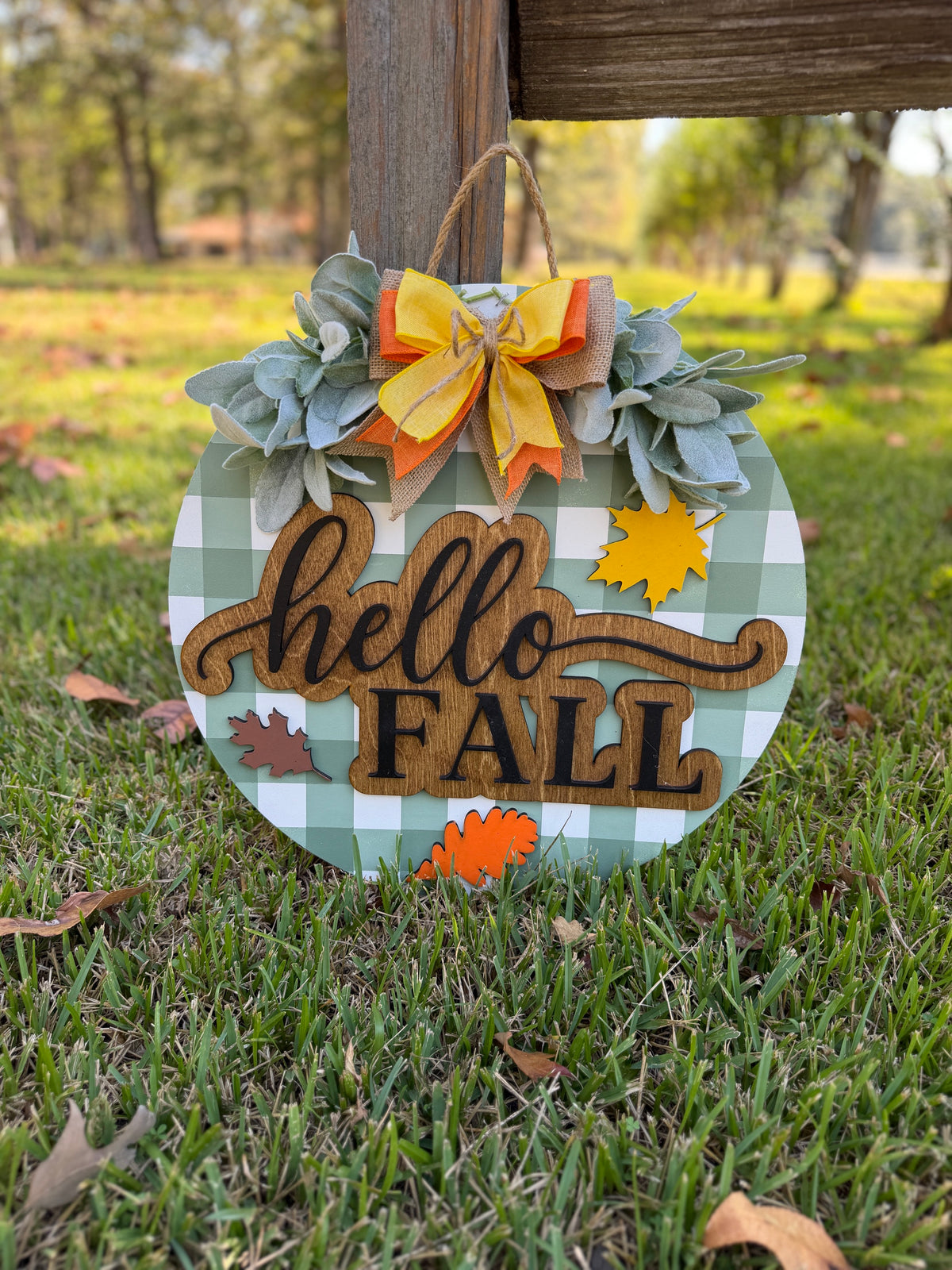 Hello Fall Porch Leaner and Door Hanger Set – Sage Green Check