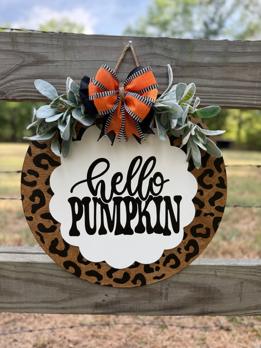 "Hello Pumpkin" Leopard Print Round Door Hanger