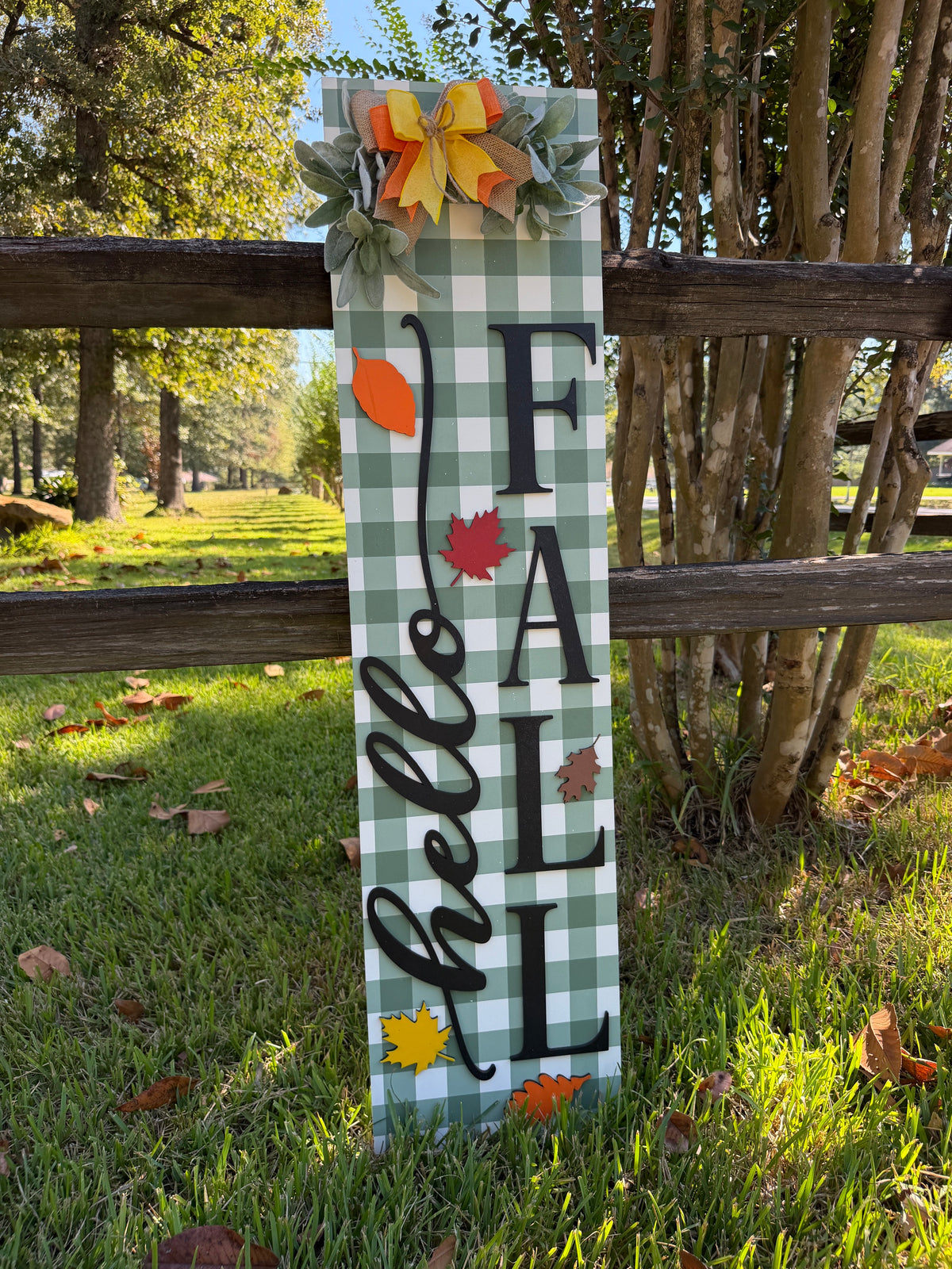Hello Fall Porch Leaner – Sage Green Check